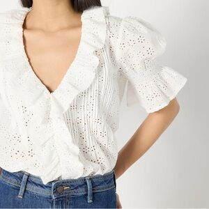 Elegant White Ruffle Eyelet Blouse Doen inspired.